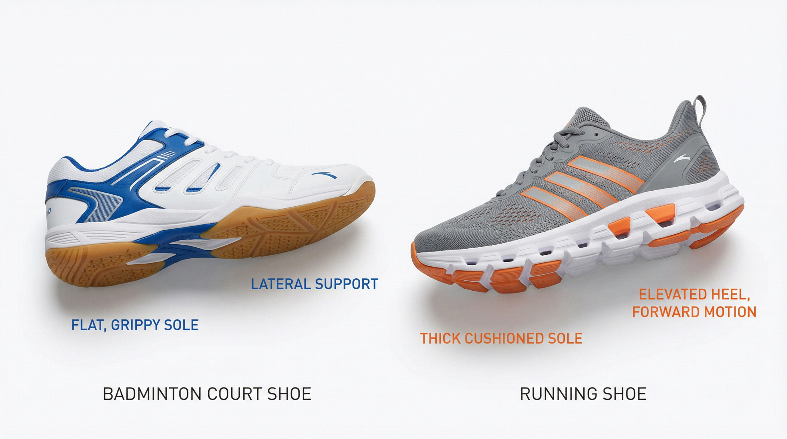 Comparison between badminton court shoes and running shoes