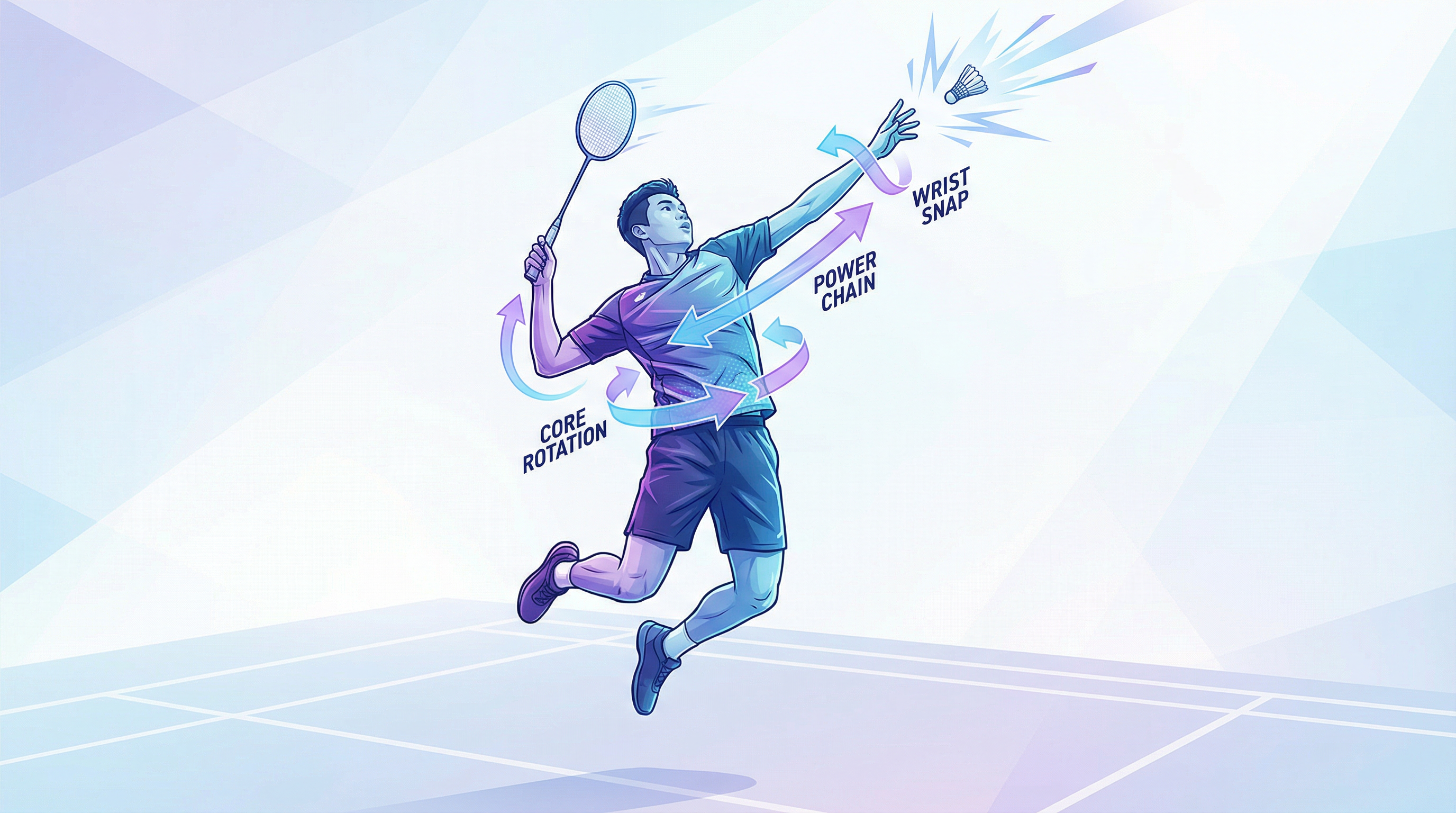 Badminton smash power technique showing the kinetic chain from legs to wrist